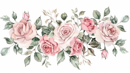 Wall Mural - pink watercolor roses and green leaves border romantic wedding invitation illustration