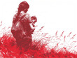 Dessin monochrome rouge : maman et bébé, relation mère et enfant dans un décors naturel, femme portant son enfant dans les champs