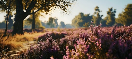 Wall Mural - Vivid Purple Majesty: A Serene Landscape Captures the Breathtaking Beauty of a Sprawling Field of Heather in Full Bloom, Inviting Tranquility and Inspiration Amidst Nature's Splendor