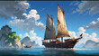 rough painting illustration of traditional Chinese junk fishing sailing boat in open waters near mountainous islands