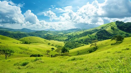 Wall Mural - scenic green hills landscape with lush vegetation and blue sky nature photography cutout