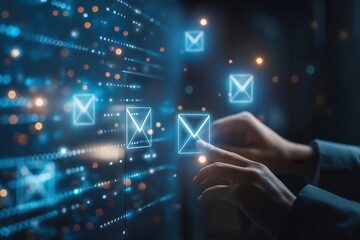 A person engages with a touch screen button in a new email notification concept interface for business purposes.