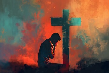 Wall Mural - A man sits peacefully on a bench, praying next to a large cross.