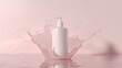 mockup of a white bottle on a pink background, with a soap dispenser, with splashes of water and foam