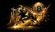 illustration of a stylized geometric metal bull in dynamic pose, with symbol bitcoin on black background