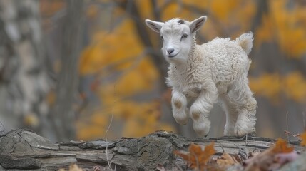 Wall Mural -   A baby lamb prances on a log amidst woodland, surrounded by fall-hued trees