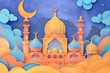 Colorful and whimsical illustration of a mosque with clouds and stars.
