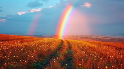    Two rainbows arch in the sky above a grassy expanse A dirt path winds through the field, leading to a blooming meadow filled with yellow flowers in the foreground