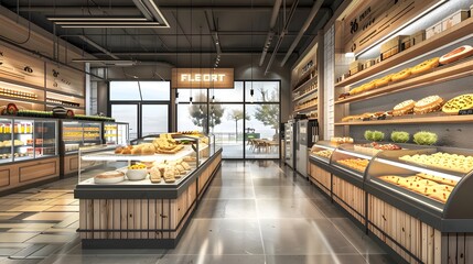 generic supermarket bakery or grocery and sweets shop with blank empty signboard mockup