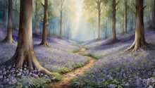 Enchanting Watercolor Landscape Of Bluebell Flowers Carpeting A Forest Floor, Evoking A Sense Of Magic And Wonder.