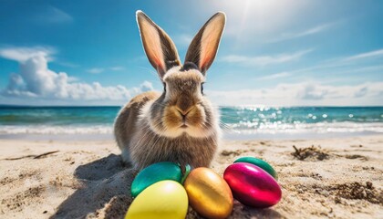 Wall Mural - easter bunny with easter eggs on the beach generative ai