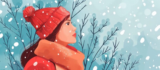 Canvas Print - Woman wearing a red hat and scarf standing on snowy ground