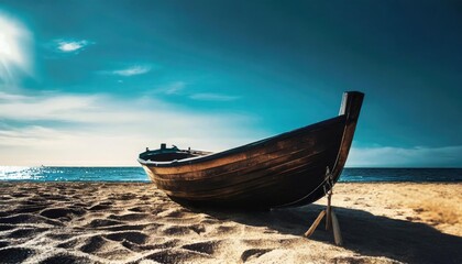 Wall Mural - small wooden boat on the sand under a blue sky
