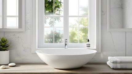 Wall Mural - Elegant home bathroom interior with sink and accessories with window. Mock up