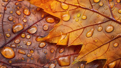 Autumn leaves with morning dew close-up