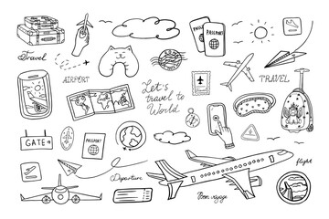 Travel set in doodle style. Suitcase, baggage, plane, fly, ticket, flight, maps, boarding pass, clouds, view from the window, passport stamp, passport, route. Hand drawn