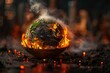 A small globe is on fire and surrounded by smoke. The concept of disasters and cataclysms, war and apocalypse