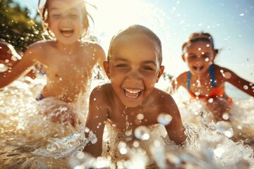 Group of happy children on summer vacation. Backdrop with selective focus and copy space