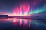 Fototapeta Tęcza - A beautiful, colorful aurora borealis lights up the sky over a beach