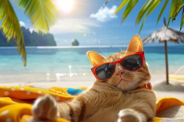 Wall Mural - A cat wearing sunglasses and a red bandana is laying on a beach towel. Summer heat concept