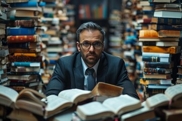Wall Mural - A man is sitting in a library surrounded by books