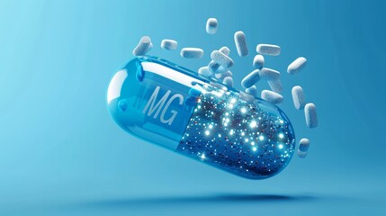 A vector illustration featuring minerals like Mg (magnesium) and vitamins encapsulated within a translucent capsule. Macronutrients and dietary supplements, set against a blue gradient background