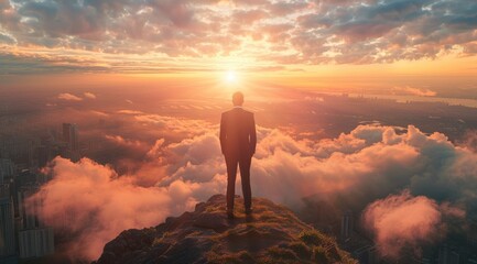 Canvas Print - A man stands on a mountain top, looking out at the city below. Business concept, background