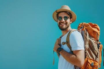 Canvas Print - A man wearing a straw hat and sunglasses is smiling and holding a backpack. Summer vacation concept, background