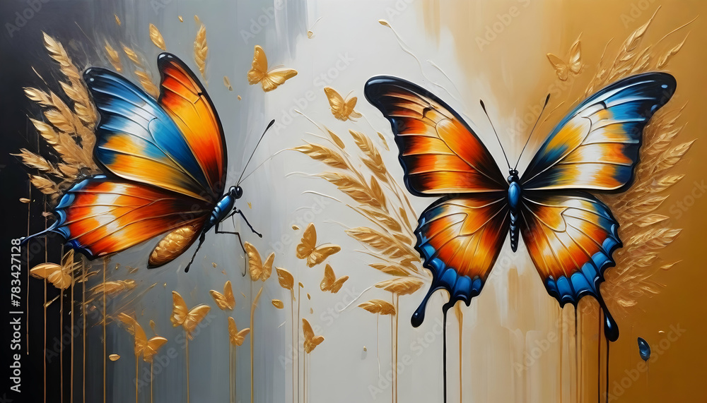 Dynamic Butterfly Two brilliantly colored butterflies in a dynamic and textured golden ...