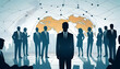 A group of business professionals in silhouette stands before a backdrop of a digital world map, signifying global teamwork and connectivity