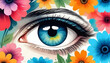 Artistic representation of a human eye surrounded by vibrant flowers, symbolizing nature's beauty