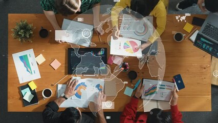 Poster - top down aerial view of business team discussing about global networking system while looking at doc