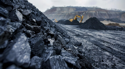 opencast coal mining mountains with equipment excavator blurred background