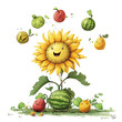 Sunflower in a playful cartoon world showcases balancing skills as it juggles vibrant fruits like melons in a garden setting.