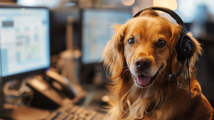 A cute dog in an office setting, answering calls in a busy call center. Generative AI