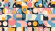 A seamless pattern of colorful geometric shapes and circles creates an abstract background with vibrant colors and simple forms
