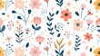 Seamless spring floral pattern with cute cartoon flowers and leaves in pastel colors on white background 