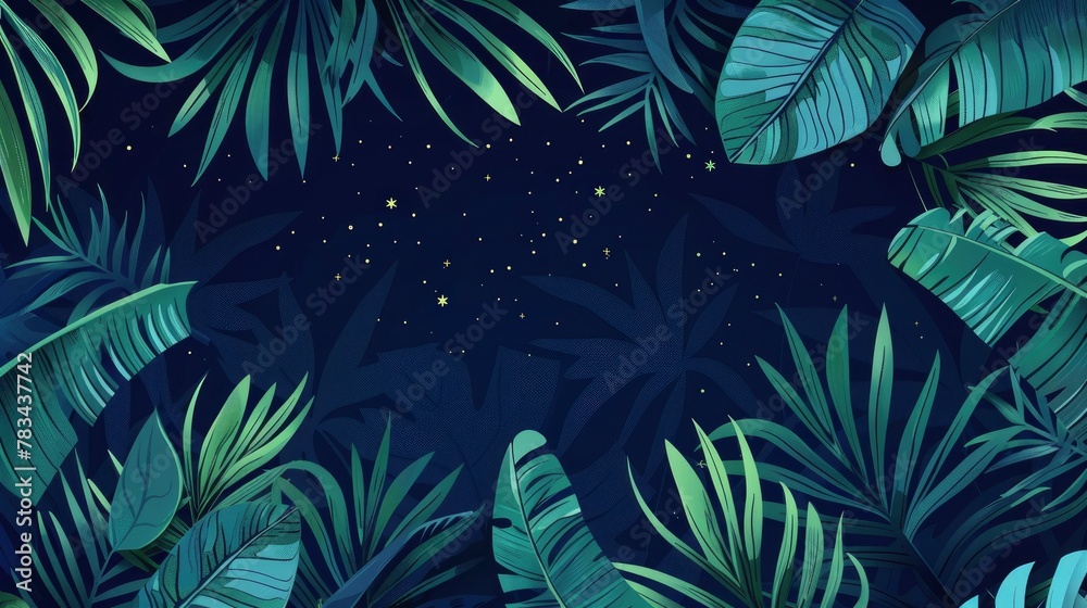 vector flat illustration of blue and green palm leaves pattern ...