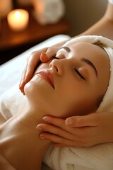 Beautiful young woman receiving facial massage with closed eyes in a spa center