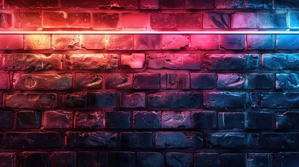 Poster - Vibrant neon lights on dark brick wall, urban style background