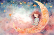 Cute watercolor baby little girl in the night moon star Illustration
