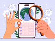Vector illustration of hands holding a magnifying glass over a smartphone showing a global map, against a purple background, concept of online search. Flat cartoon vector illustration