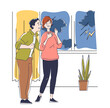 Two people looking at stormy weather through a window, vector illustration on a plain background, concept of concern about natural events. Flat cartoon vector illustration