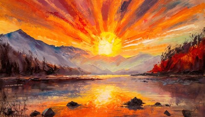 Wall Mural - An abstract artistic painting of a sunset on the lake in watercolor and oil