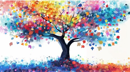 Wall Mural - abstract colorful tree with multicolored leaves hanging from branches floral wallpaper illustration