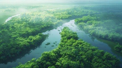 Wall Mural - aerial view of congo river meandering through lush green mangrove swamps digital painting