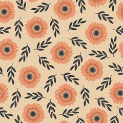 Orange Gerbera Daisy with Black Leaves Seamless Vector Repeat Pattern