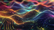 Colorful background with waves and glowing connectivity lines. Grid with sparkling particles. Concepts of connectivity, quantum field, matter, universe, space, information.