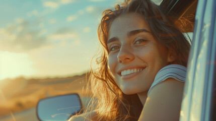 Portrait of a cute smiling woman outside the car window