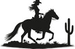 Illustration of a silhouette of a calgirl riding a horse.